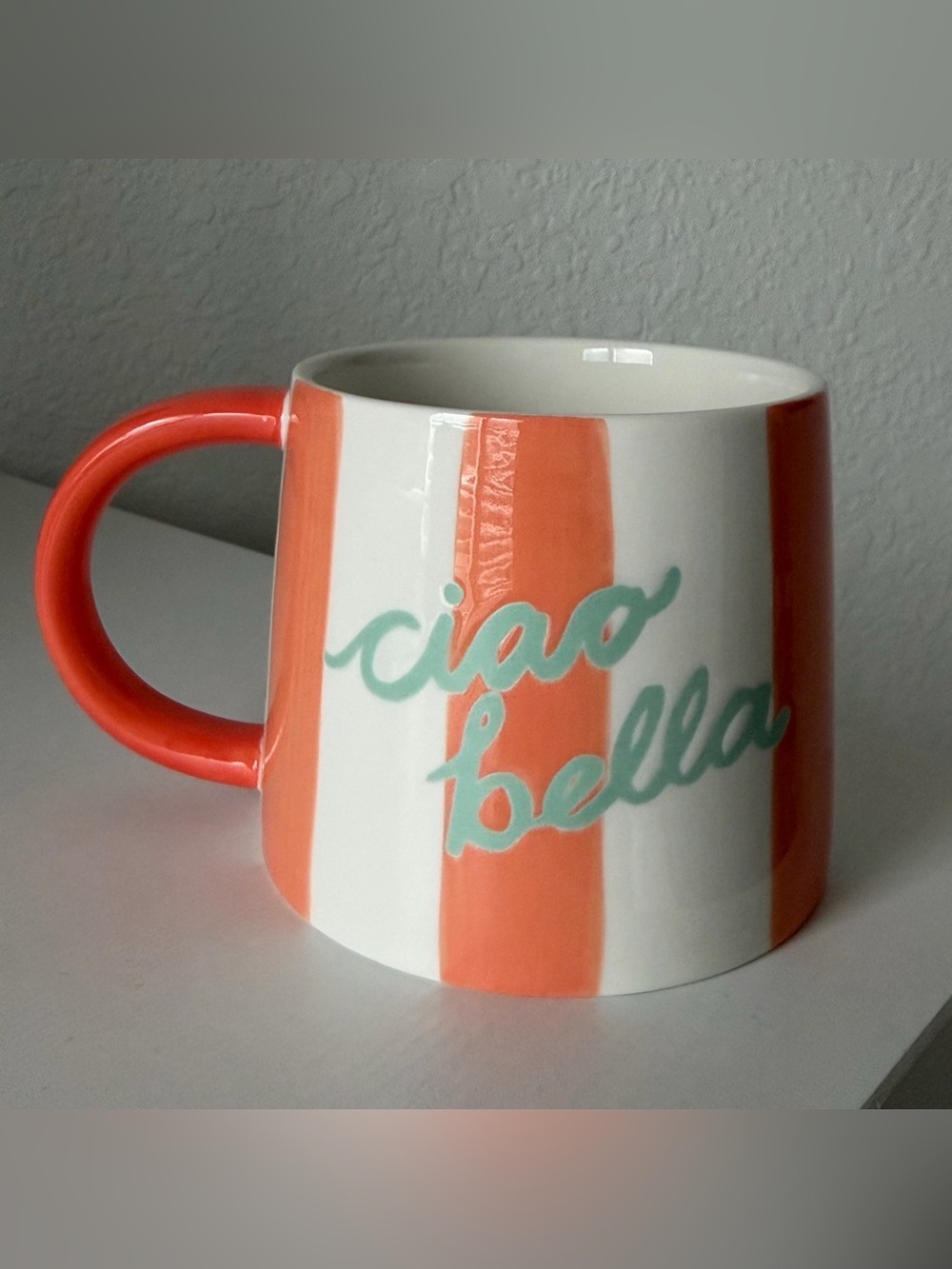 Oliver Bonas Coral & White Striped Ciao Bella Ceramic Mug